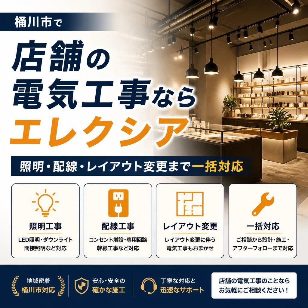 桶川市で店舗の電気工事ならエレクシア｜照明・配線・レイアウト変更まで一括対応