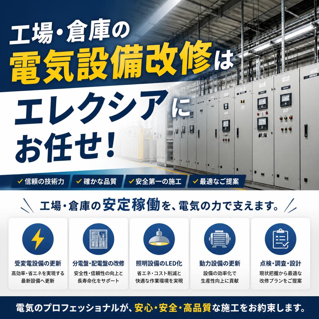 工場・倉庫の電気設備改修はエレクシアにお任せ！