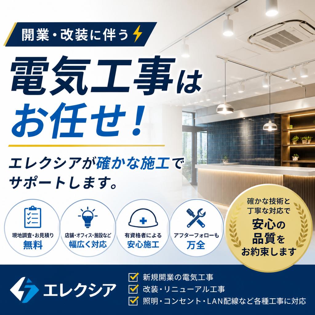 桶川市｜開業・改装に伴う電気工事はお任せ！エレクシアが確かな施工でサポートします。