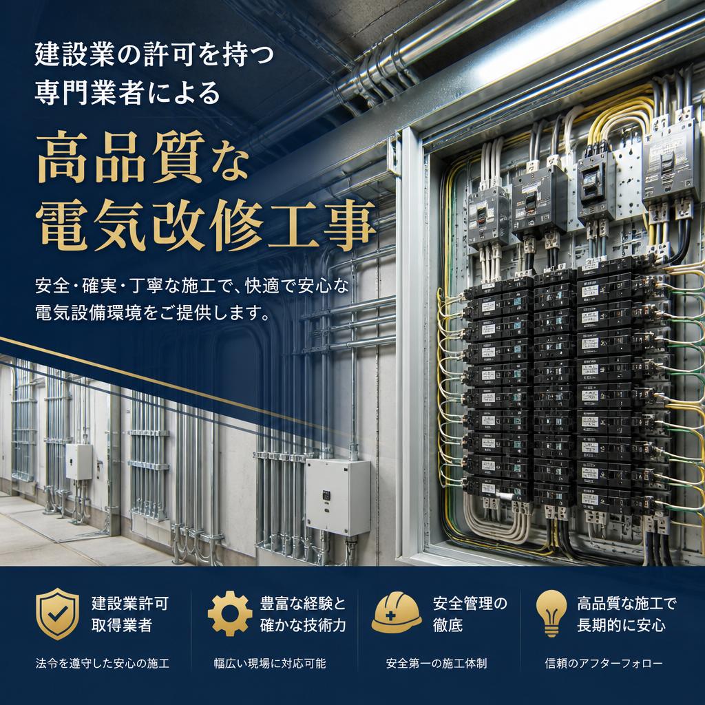 「建設業の許可を持つ専門業者による高品質な電気改修工事」