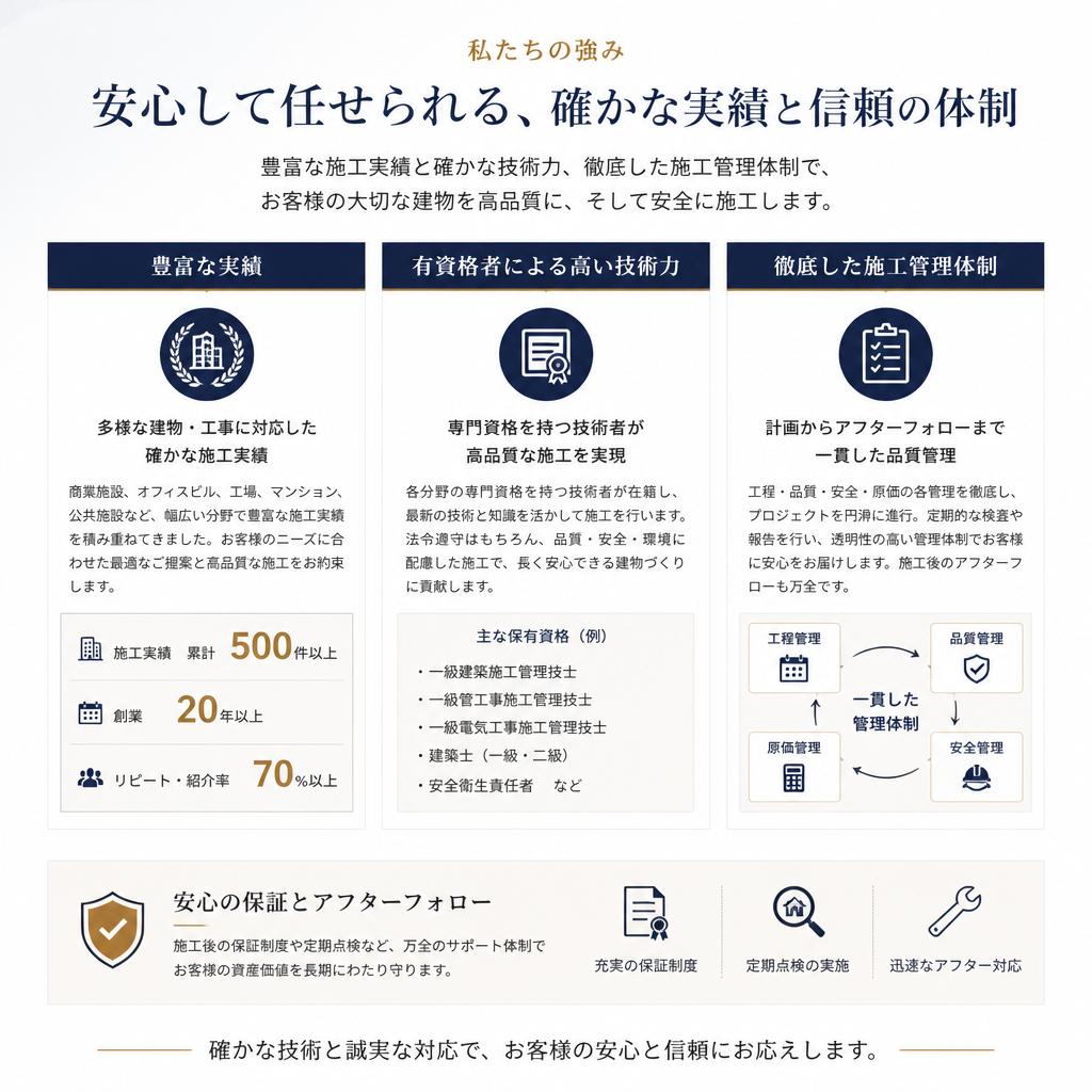 選ばれる理由：確かな施工技術と信頼性