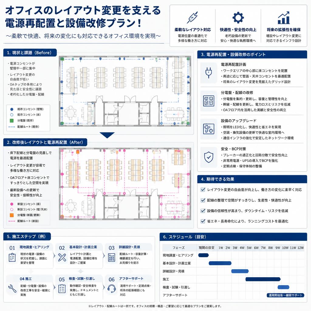 オフィスのレイアウト変更を支える電源再配置と設備改修プラン！