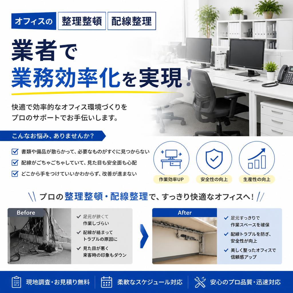 オフィスの整理整頓、配線整理で業務効率化を実現！